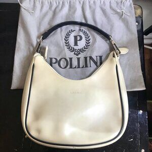 Pollini Leather Handbag Purse Made in Italy Cream with Black Handle Zipper